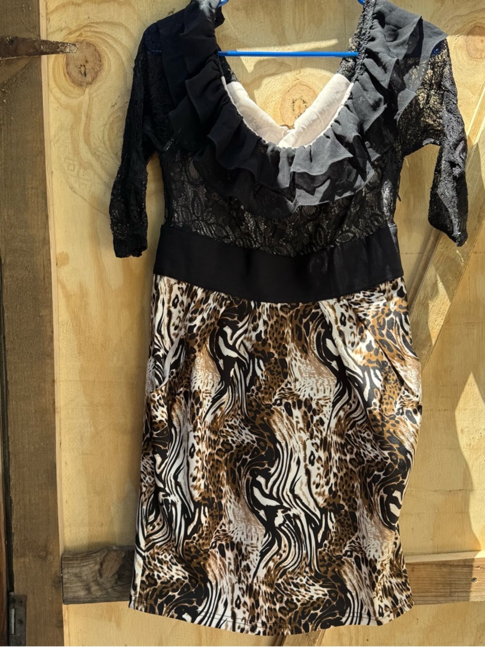 Black Lace & Animal-Print Mini Dress with Ruffle Neckline